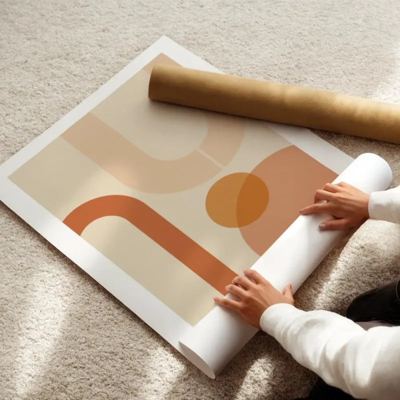 affiche aux formes geometriques orange et peche sur fond beige avec bordure blan enroule.webp