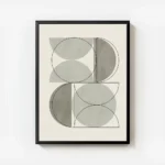 affiche aux formes geometriques vertes avec des lignes noires sur un fond beige avec cadre.webp