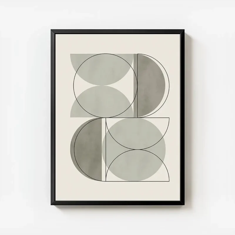 affiche aux formes geometriques vertes avec des lignes noires sur un fond beige avec cadre.webp