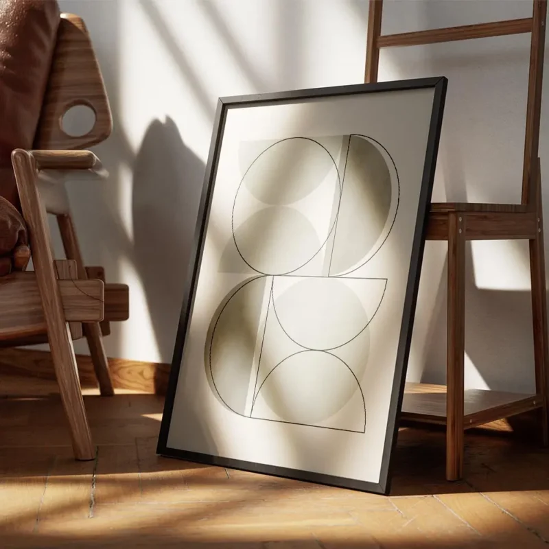 affiche aux formes geometriques vertes avec des lignes noires sur un fond beige encadre.webp