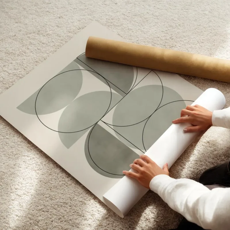affiche aux formes geometriques vertes avec des lignes noires sur un fond beige enroule.webp