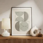 affiche aux formes geometriques vertes avec des lignes noires sur un fond beige meuble.webp
