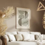 affiche aux formes geometriques vertes avec des lignes noires sur un fond beige salon.webp