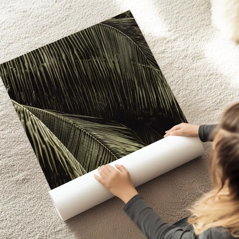 affiche aux teintes sombres representant des feuilles de palmier avec un jeu de au sol.webp