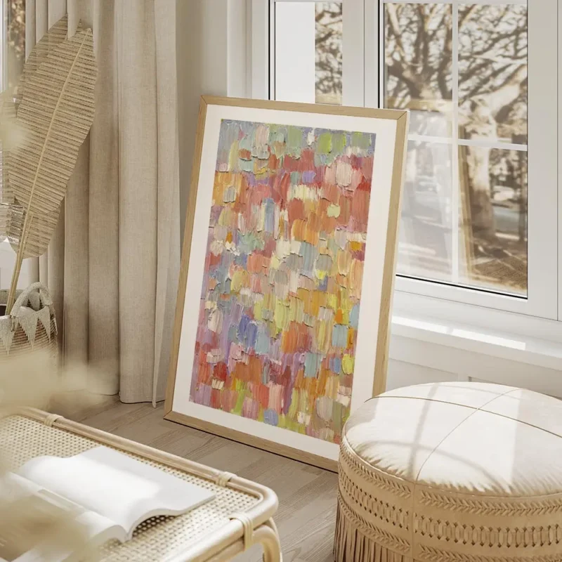affiche aux traits de peinture colores et textures rappelant un coup de pinceau salon beige.webp