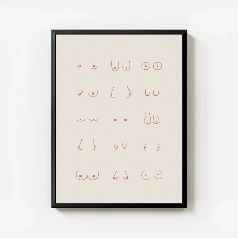 affiche avec 15 representations minimalistes de poitrines feminines de different avec cadre.webp
