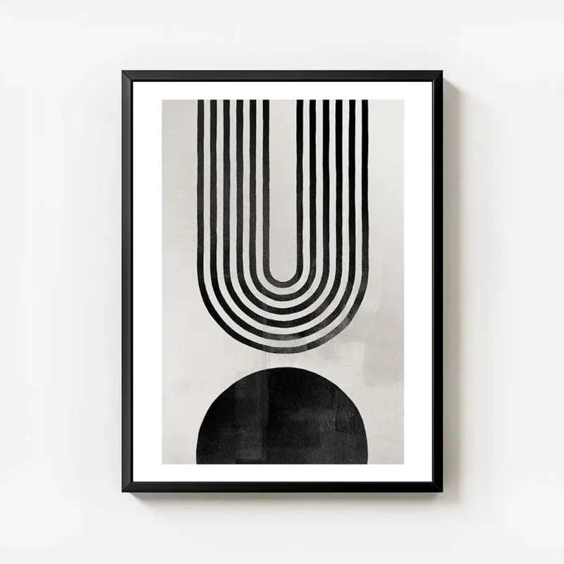 affiche avec arche abstraite en noir composee de lignes et forme noire sur fond avec cadre.webp