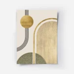 affiche avec cercle et arche dores lignes noires et forme verte sur fond beige.webp
