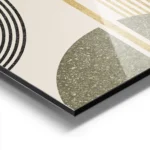 affiche avec cercle et arche dores lignes noires et forme verte sur fond beige aluminium.webp