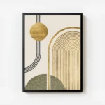 affiche avec cercle et arche dores lignes noires et forme verte sur fond beige avec cadre.webp