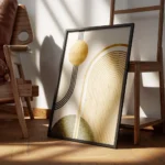 affiche avec cercle et arche dores lignes noires et forme verte sur fond beige encadre.webp