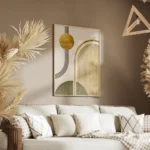 affiche avec cercle et arche dores lignes noires et forme verte sur fond beige salon.webp