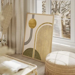 affiche avec cercle et arche dores lignes noires et forme verte sur fond beige salon beige.webp