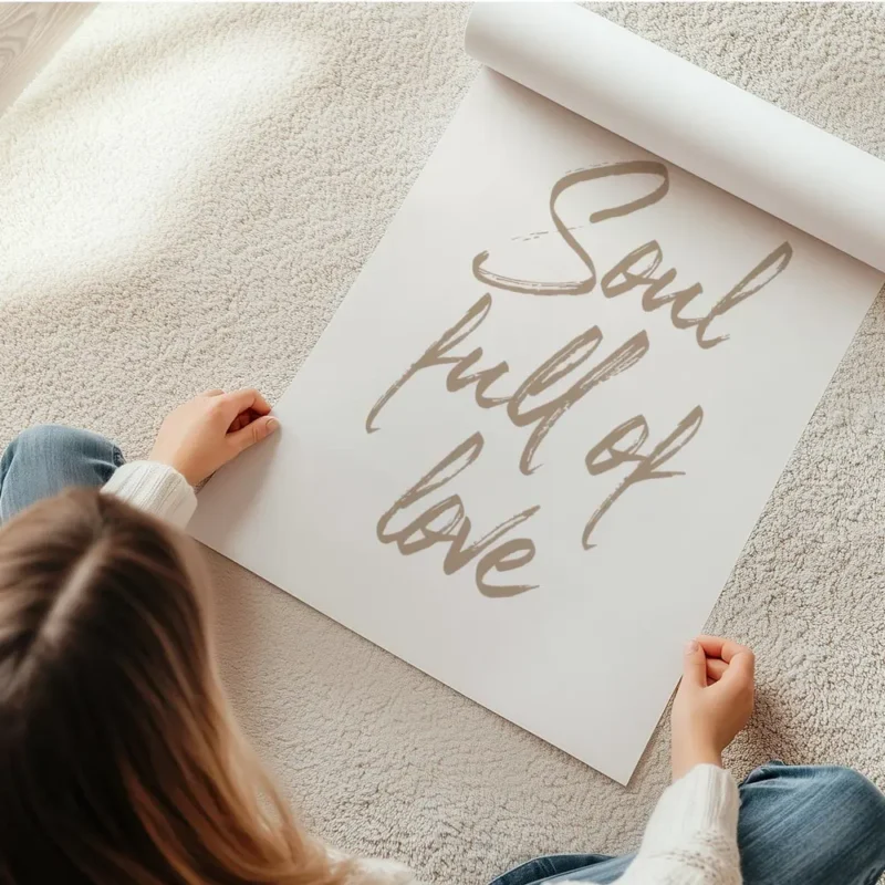 affiche avec citation soul full of love en calligraphie simple texte beige sur f en rouleau.webp