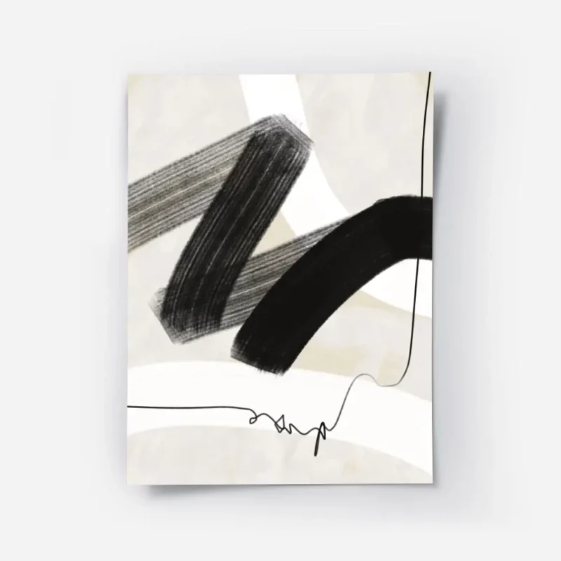 affiche avec coups de pinceau abstraits noirs et blancs et ligne noire sur fond .webp