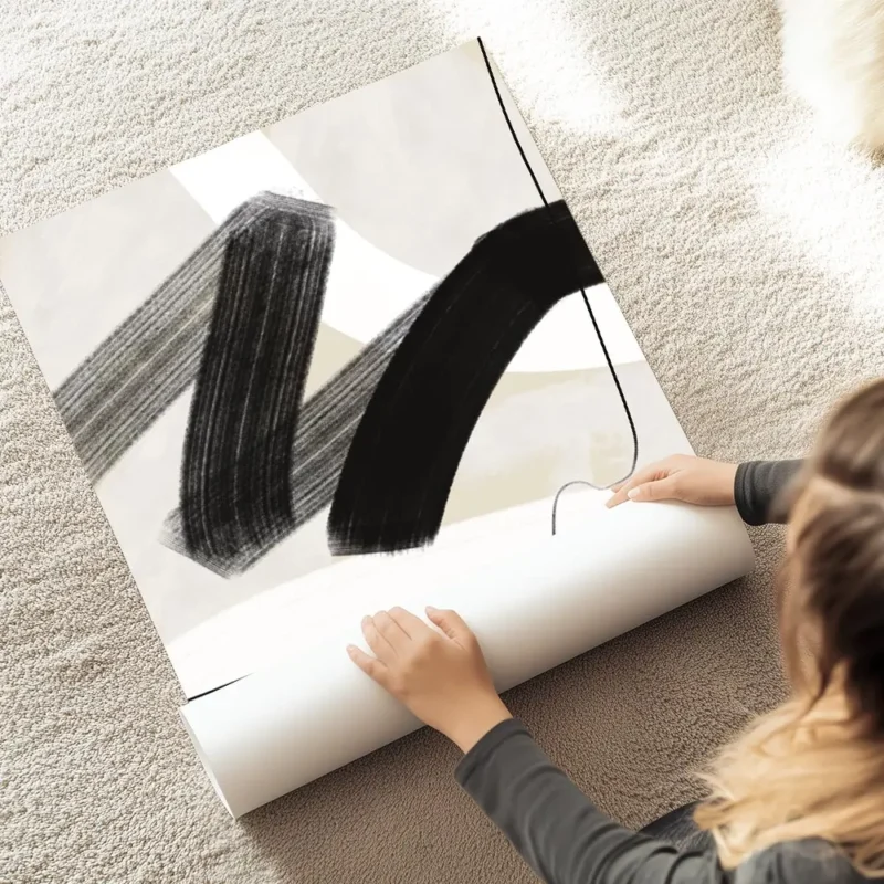 affiche avec coups de pinceau abstraits noirs et blancs et ligne noire sur fond au sol.webp