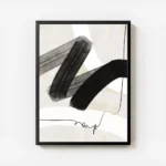affiche avec coups de pinceau abstraits noirs et blancs et ligne noire sur fond avec cadre.webp