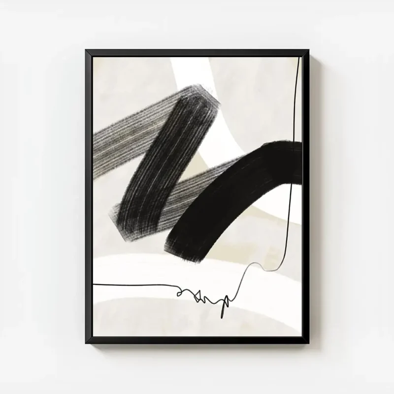 affiche avec coups de pinceau abstraits noirs et blancs et ligne noire sur fond avec cadre.webp