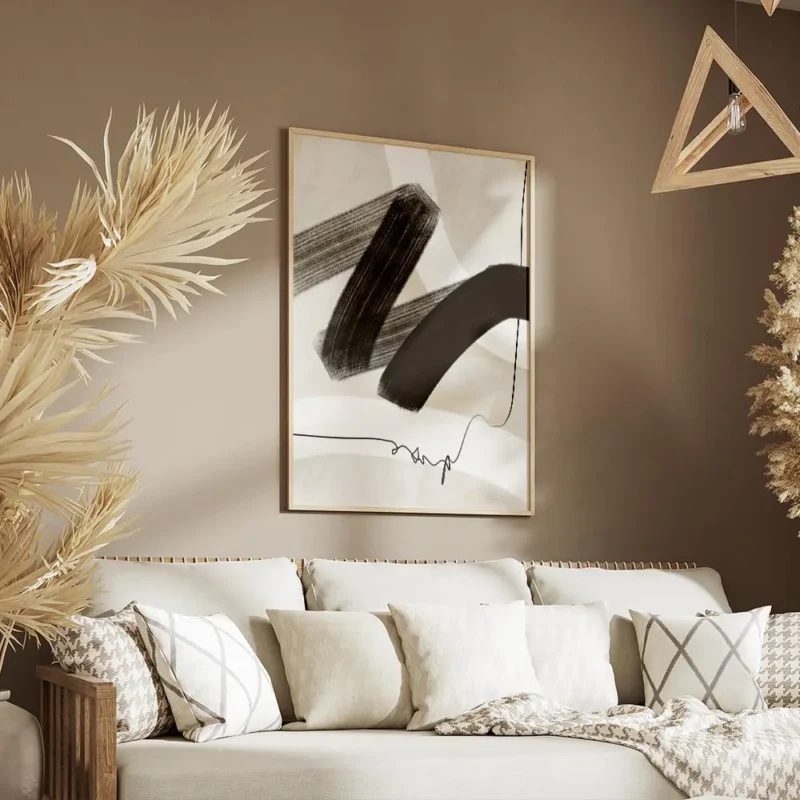 affiche avec coups de pinceau abstraits noirs et blancs et ligne noire sur fond salon.webp