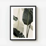 affiche avec de grandes feuilles de bananier vert fonce et blanc casse sur un fo avec cadre.webp