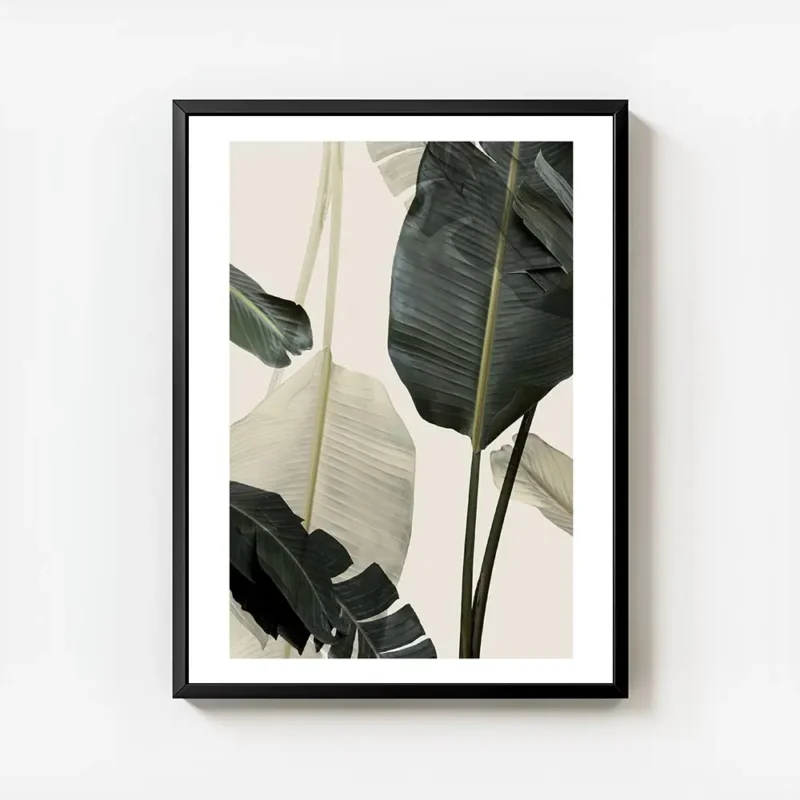 affiche avec de grandes feuilles de bananier vert fonce et blanc casse sur un fo avec cadre.webp