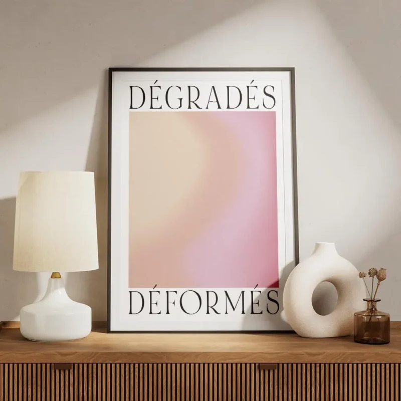 affiche avec degrade de couleurs orange rose et jaune aux textures granuleuses t meuble.webp
