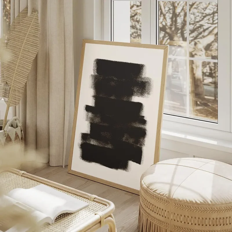 affiche avec des bandes noires horizontales et verticales avec un effet de pince salon beige.webp