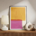affiche avec des blocs de couleur jaune orange et rose fuchsia et la phrase lais meuble.webp
