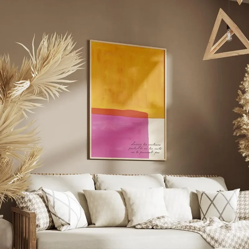 affiche avec des blocs de couleur jaune orange et rose fuchsia et la phrase lais salon.webp