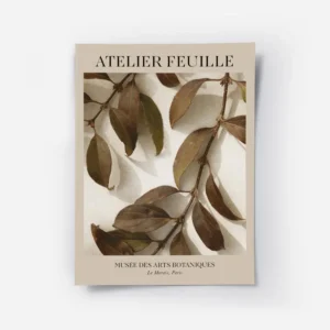 affiche avec des branches aux feuilles marron et vertes sur un fond beige titre .webp