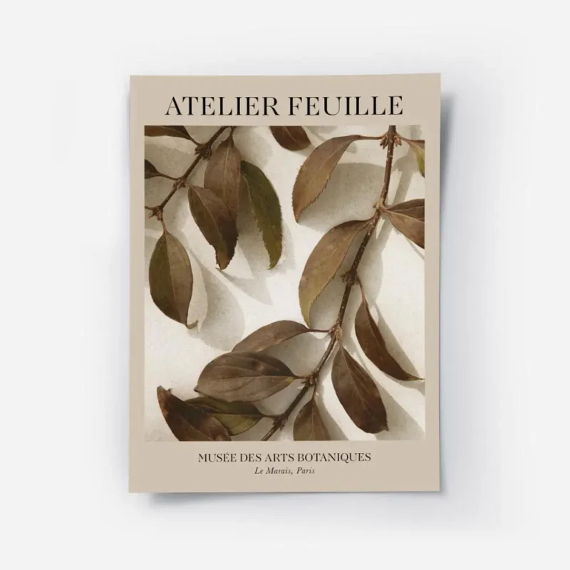 affiche avec des branches aux feuilles marron et vertes sur un fond beige titre .webp