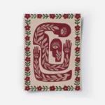 affiche avec des corps abstraits rouge beige fonce et vert presentant des yeux e.webp