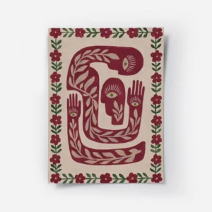 affiche avec des corps abstraits rouge beige fonce et vert presentant des yeux e.webp