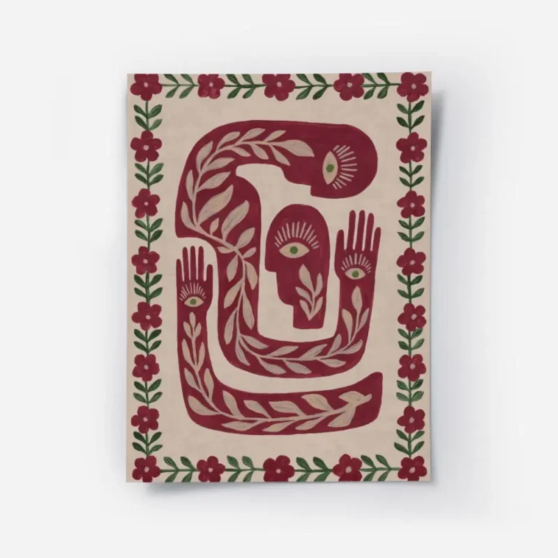 affiche avec des corps abstraits rouge beige fonce et vert presentant des yeux e.webp