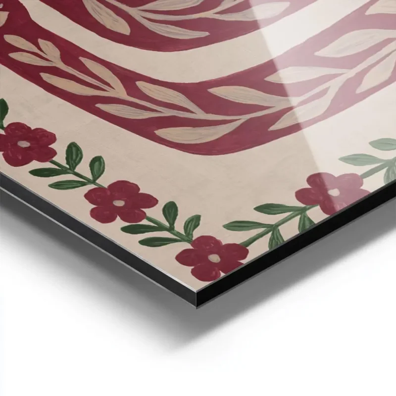 affiche avec des corps abstraits rouge beige fonce et vert presentant des yeux e aluminium.webp