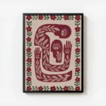 affiche avec des corps abstraits rouge beige fonce et vert presentant des yeux e avec cadre.webp