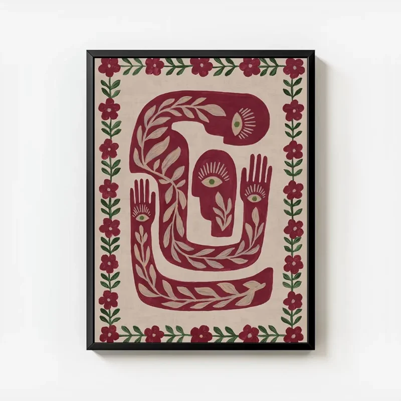 affiche avec des corps abstraits rouge beige fonce et vert presentant des yeux e avec cadre.webp