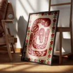 affiche avec des corps abstraits rouge beige fonce et vert presentant des yeux e encadre.webp