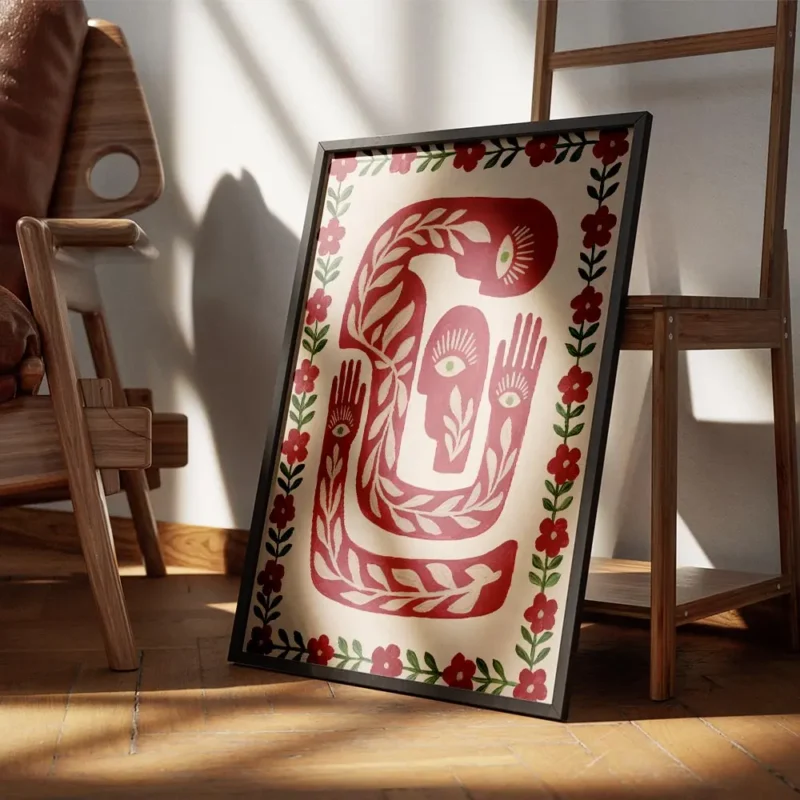 affiche avec des corps abstraits rouge beige fonce et vert presentant des yeux e encadre.webp
