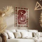 affiche avec des corps abstraits rouge beige fonce et vert presentant des yeux e salon.webp