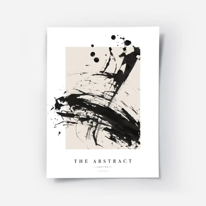 affiche avec des eclaboussures de peinture noire abstraite sur un fond beige et .webp