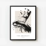 affiche avec des eclaboussures de peinture noire abstraite sur un fond beige et avec cadre.webp