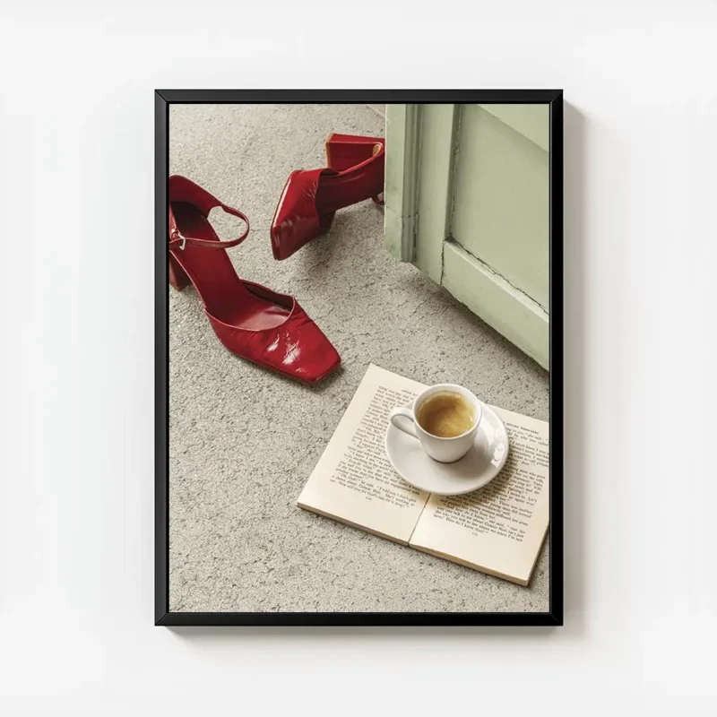 affiche avec des escarpins rouges brillants un livre ouvert et une tasse de cafe avec cadre.webp