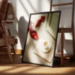 affiche avec des escarpins rouges brillants un livre ouvert et une tasse de cafe encadre.webp