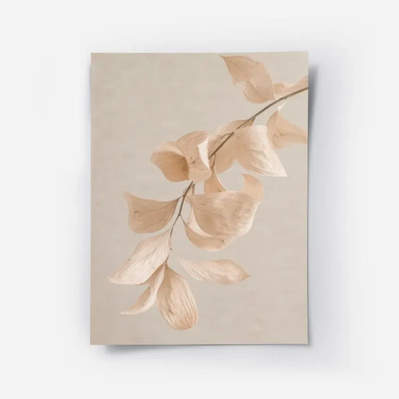 affiche avec des feuilles beiges et roses en cascade sur une branche sur un fond.webp