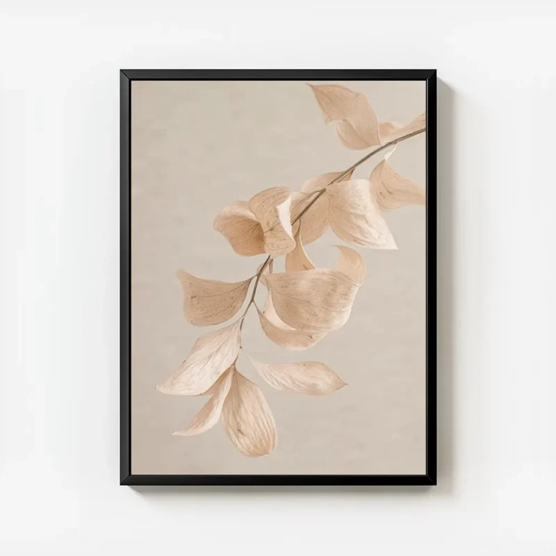 affiche avec des feuilles beiges et roses en cascade sur une branche sur un fond avec cadre.webp