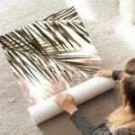 affiche avec des feuilles de palmier vertes projetant des ombres sur un mur rose au sol.webp