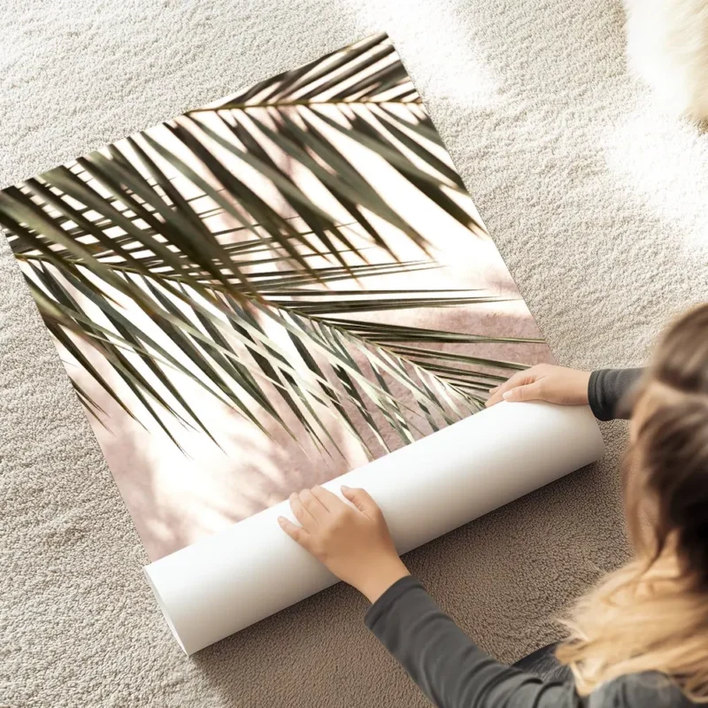 affiche avec des feuilles de palmier vertes projetant des ombres sur un mur rose au sol.webp