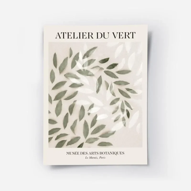 affiche avec des feuilles vertes et blanches superposees sur un fond beige avec .webp