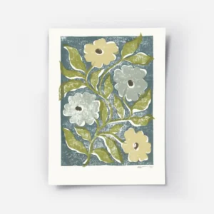 affiche avec des fleurs stylisees jaunes et bleues et des feuilles vertes sur un.webp